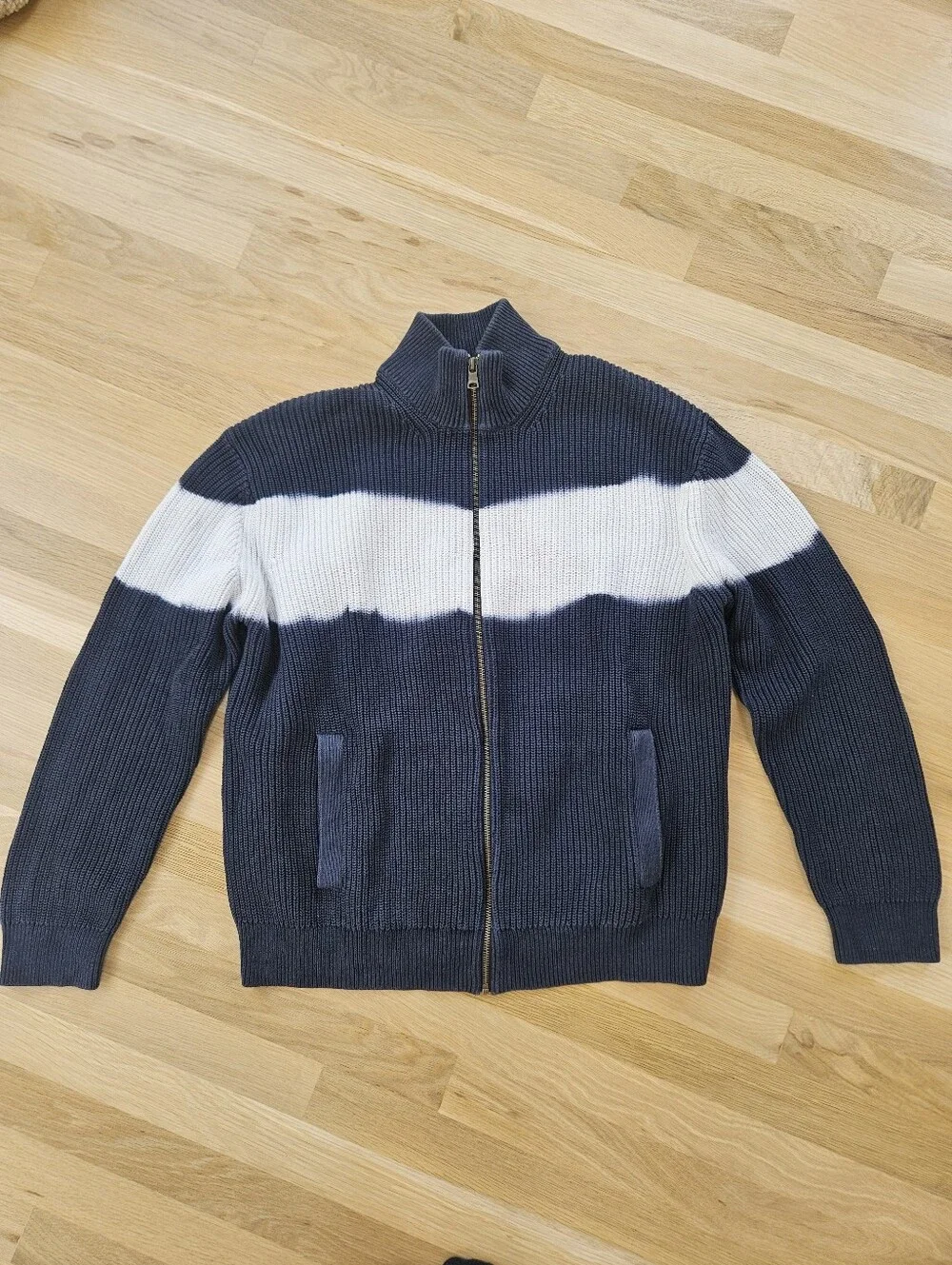 Men's Banana Republic Navy & White Zip-Front Ribbed 100% Cotton Sweater - Size L